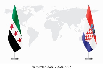 Syrian Revolution and Croatia flags for official meeting against background of world map.