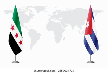 Syrian Revolution and Cuba flags for official meeting against background of world map.