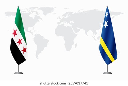 Syrian Revolution and Curacao flags for official meeting against background of world map.