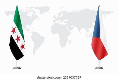 Syrian Revolution and Czech Republic flags for official meeting against background of world map.