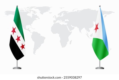 Syrian Revolution and Djibouti flags for official meeting against background of world map.