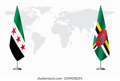 Syrian Revolution and Dominica flags for official meeting against background of world map.