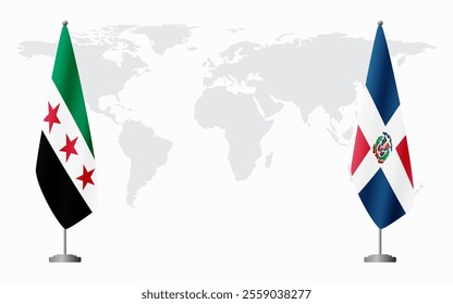 Syrian Revolution and Dominican flags for official meeting against background of world map.