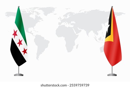 Syrian Revolution and East Timor flags for official meeting against background of world map.