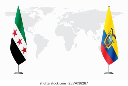 Syrian Revolution and Ecuador flags for official meeting against background of world map.