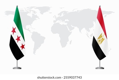 Syrian Revolution and Egypt flags for official meeting against background of world map.