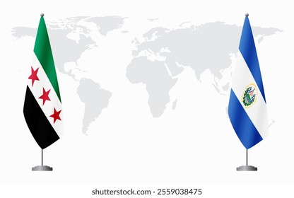 Syrian Revolution and El Salvador flags for official meeting against background of world map.