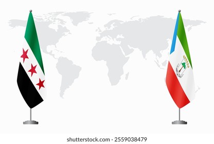 Syrian Revolution and Equatorial Guinea flags for official meeting against background of world map.