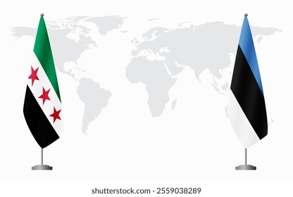 Syrian Revolution and Estonia flags for official meeting against background of world map.