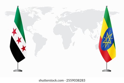 Syrian Revolution and Ethiopia flags for official meeting against background of world map.