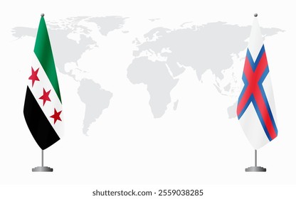 Syrian Revolution and Faroe Islands flags for official meeting against background of world map.