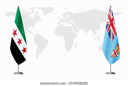 Syrian Revolution and Fiji flags for official meeting against background of world map.