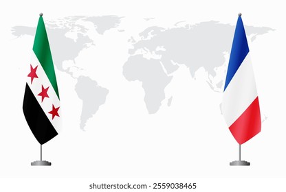 Syrian Revolution and France flags for official meeting against background of world map.