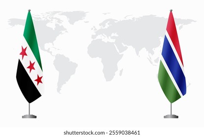 Syrian Revolution and Gambia flags for official meeting against background of world map.