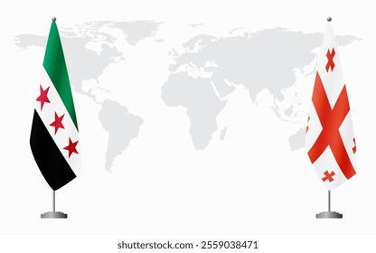 Syrian Revolution and Georgia flags for official meeting against background of world map.