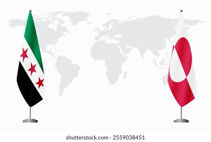 Syrian Revolution and Greenland flags for official meeting against background of world map.