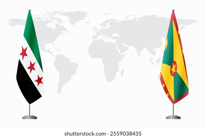 Syrian Revolution and Grenada flags for official meeting against background of world map.