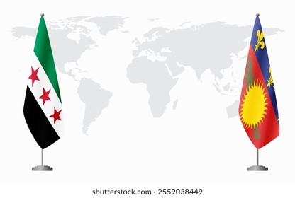 Syrian Revolution and Guadeloupe flags for official meeting against background of world map.