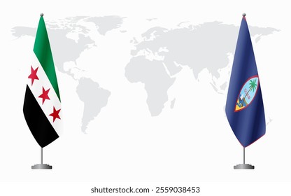 Syrian Revolution and Guam flags for official meeting against background of world map.