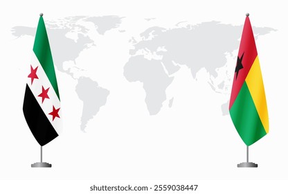 Syrian Revolution and Guinea Bissau flags for official meeting against background of world map.