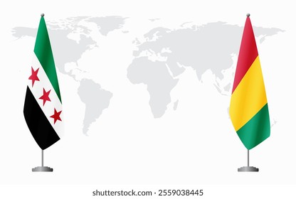 Syrian Revolution and Guinea flags for official meeting against background of world map.