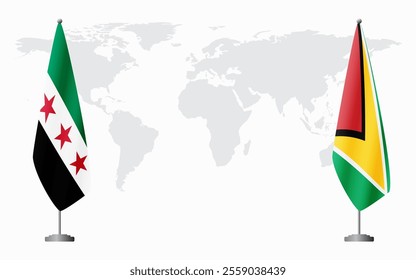 Syrian Revolution and Guyana flags for official meeting against background of world map.