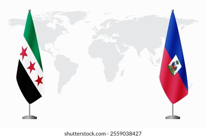 Syrian Revolution and Haiti flags for official meeting against background of world map.