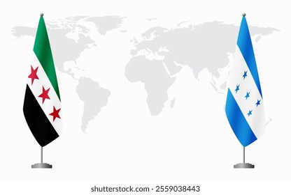 Syrian Revolution and Honduras flags for official meeting against background of world map.