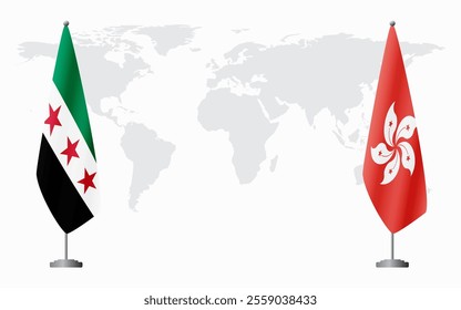 Syrian Revolution and Hong Kong flags for official meeting against background of world map.