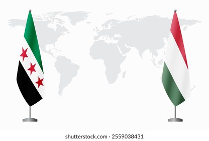 Syrian Revolution and Hungary flags for official meeting against background of world map.