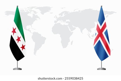 Syrian Revolution and Iceland flags for official meeting against background of world map.