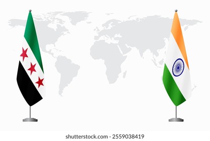 Syrian Revolution and India flags for official meeting against background of world map.