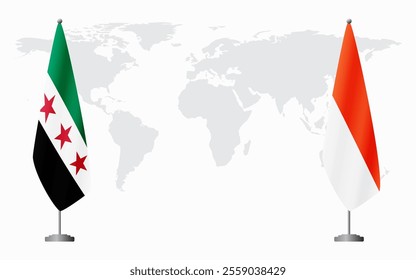 Syrian Revolution and Indonesia flags for official meeting against background of world map.