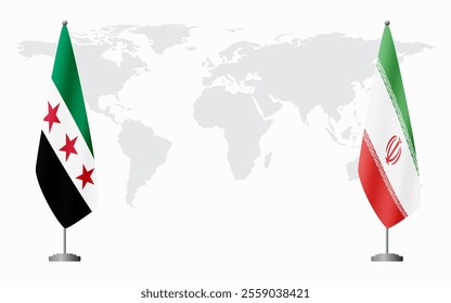 Syrian Revolution and Iran flags for official meeting against background of world map.