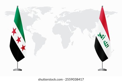 Syrian Revolution and Iraq flags for official meeting against background of world map.