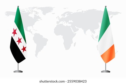 Syrian Revolution and Ireland flags for official meeting against background of world map.