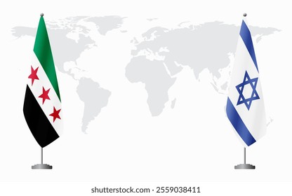 Syrian Revolution and Israel flags for official meeting against background of world map.