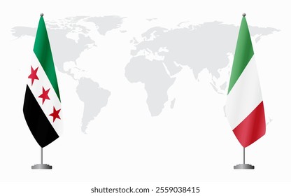 Syrian Revolution and Italy flags for official meeting against background of world map.