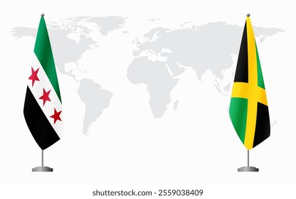 Syrian Revolution and Jamaica flags for official meeting against background of world map.