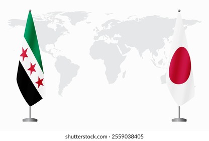 Syrian Revolution and Japan flags for official meeting against background of world map.