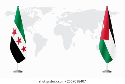 Syrian Revolution and Jordan flags for official meeting against background of world map.