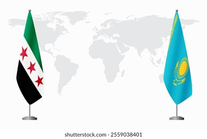 Syrian Revolution and Kazakhstan flags for official meeting against background of world map.