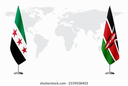 Syrian Revolution and Kenya flags for official meeting against background of world map.