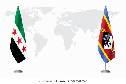 Syrian Revolution and Kingdom of eSwatini - Swaziland flags for official meeting against background of world map.