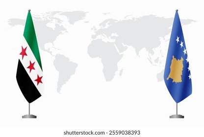 Syrian Revolution and Kosovo flags for official meeting against background of world map.