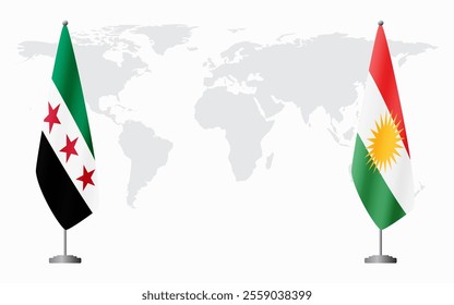 Syrian Revolution and Kurdistan flags for official meeting against background of world map.