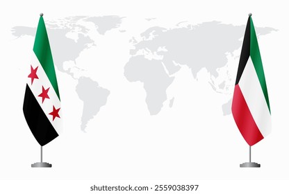 Syrian Revolution and Kuwait flags for official meeting against background of world map.