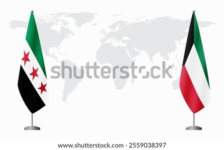 Syrian Revolution and Kuwait flags for official meeting against background of world map.