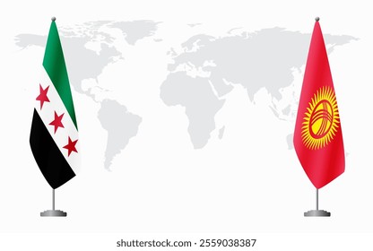 Syrian Revolution and Kyrgyzstan flags for official meeting against background of world map.