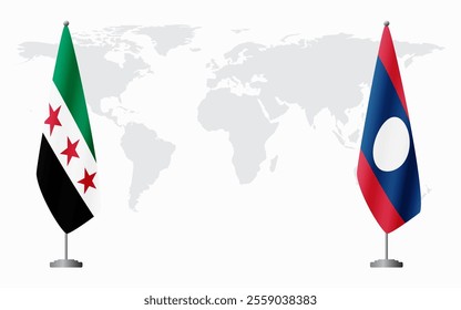 Syrian Revolution and Laos flags for official meeting against background of world map.